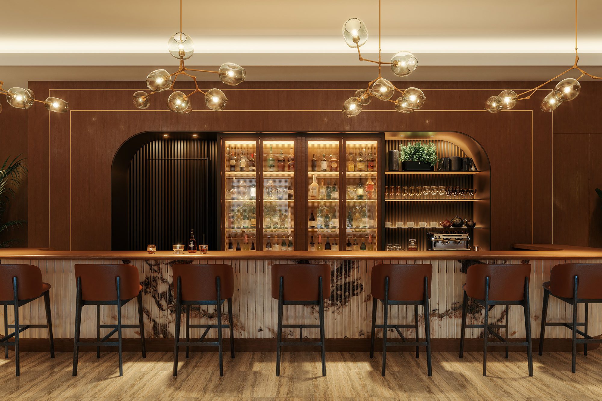A luxury mid-century chic bar with classy art-deco wood paneling