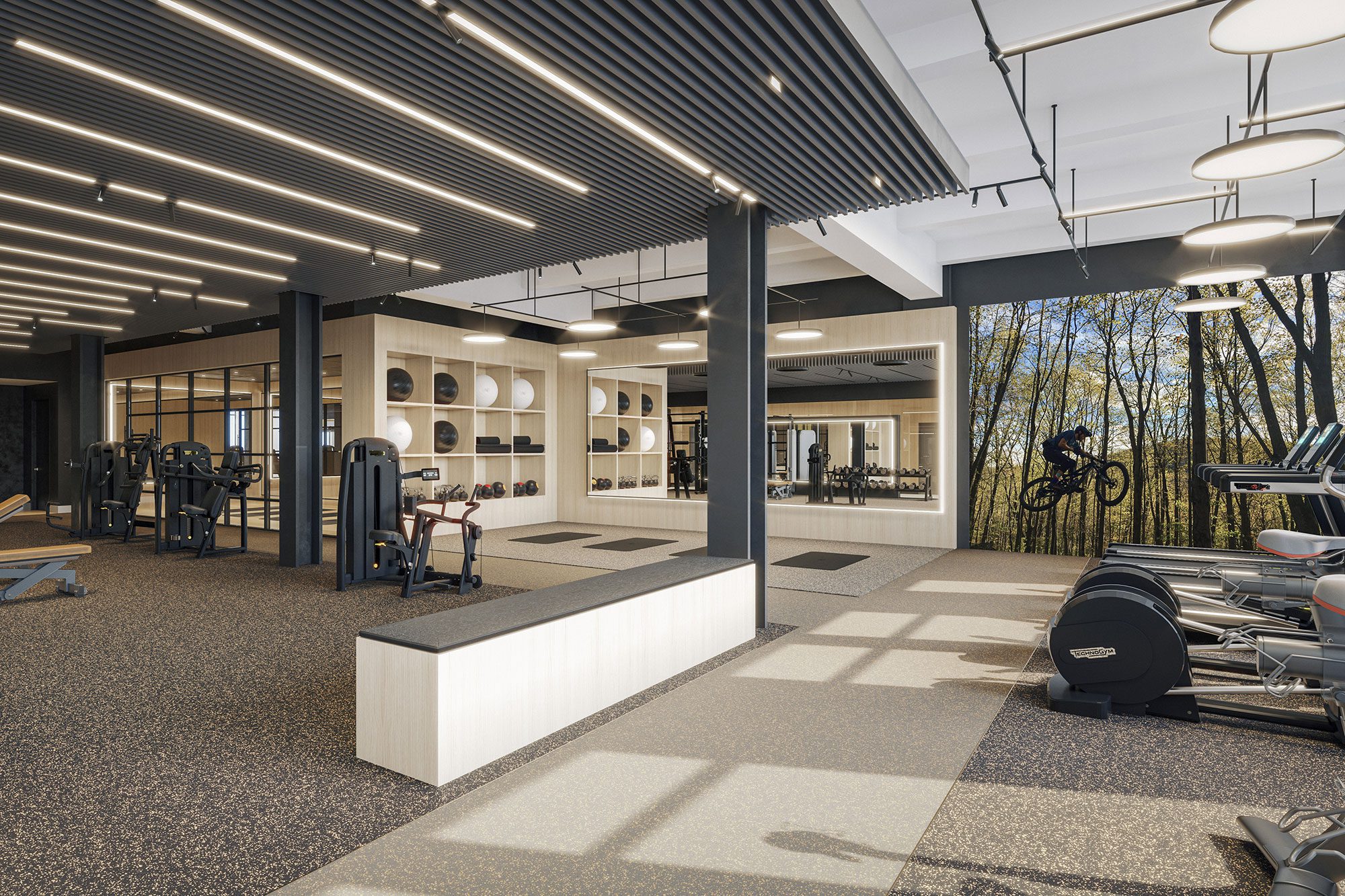 A full sized modern tenant fitness center with modern lighting