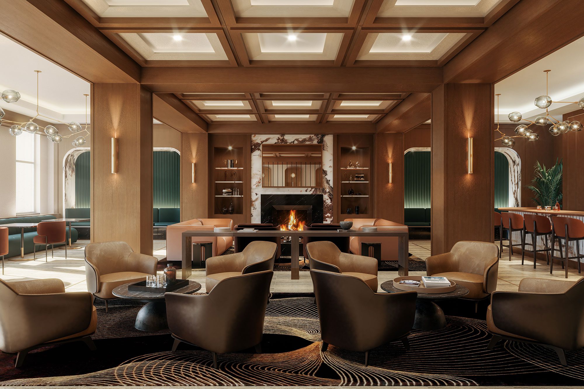 A luxury office building lounge with leather sofas and fireplace