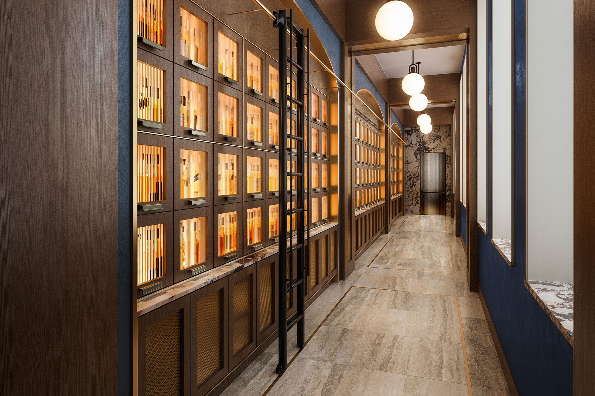 A gorgeous custom whiskey locker styled gold, navy and rich wood