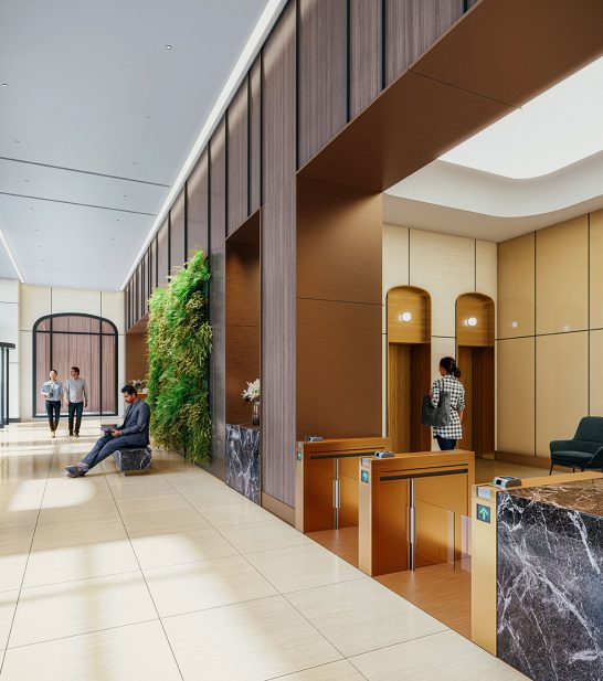 An expansive NYC office lobby with modern turn dials and marble