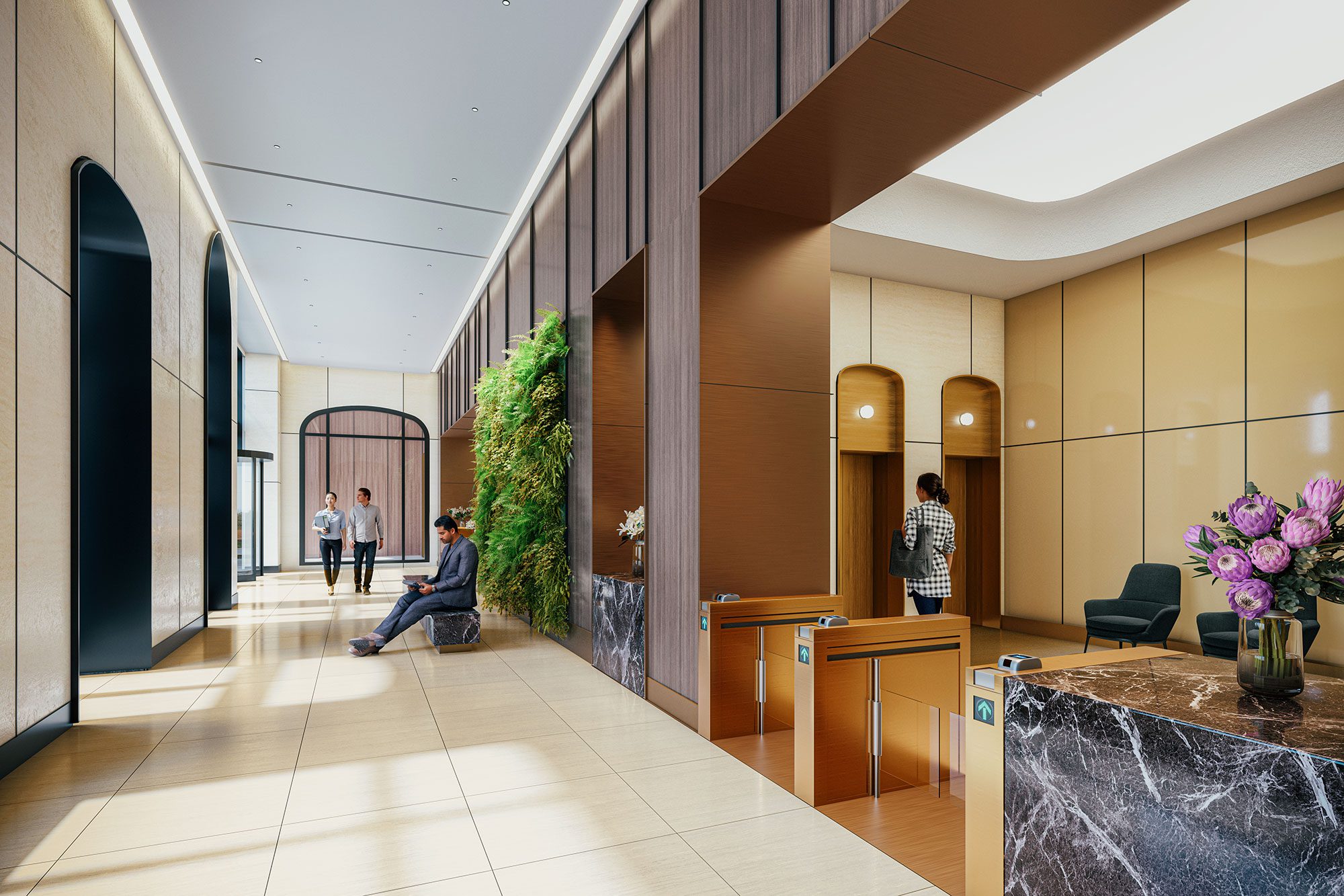 3d rendering of a stunning lobby with elevators and high ceilings