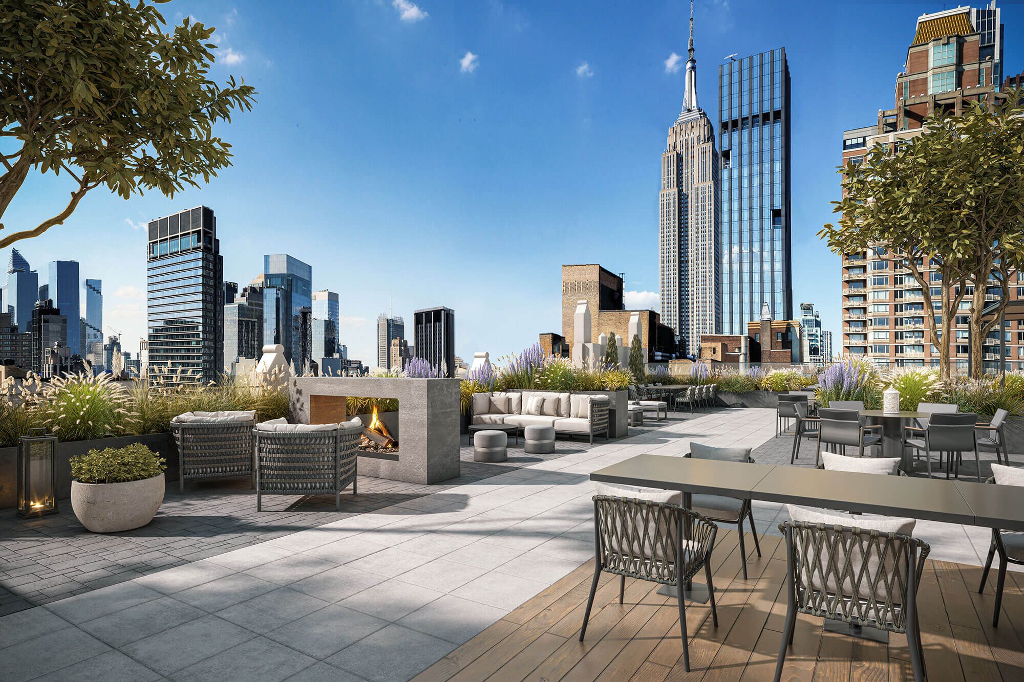 A stunning outdoor luxury lounge with an incredible view of NYC