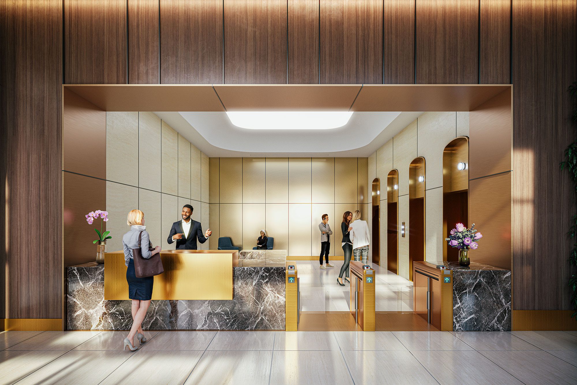 A grand reception desk framed by dark oak wood and black marble