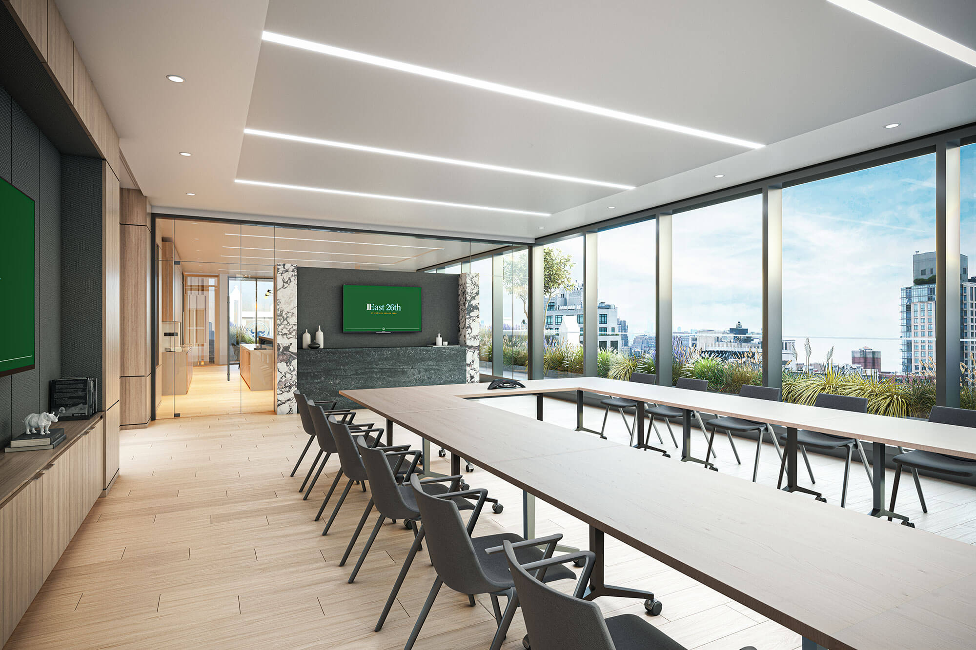 A trophy-class corporate conference room with a wall of windows