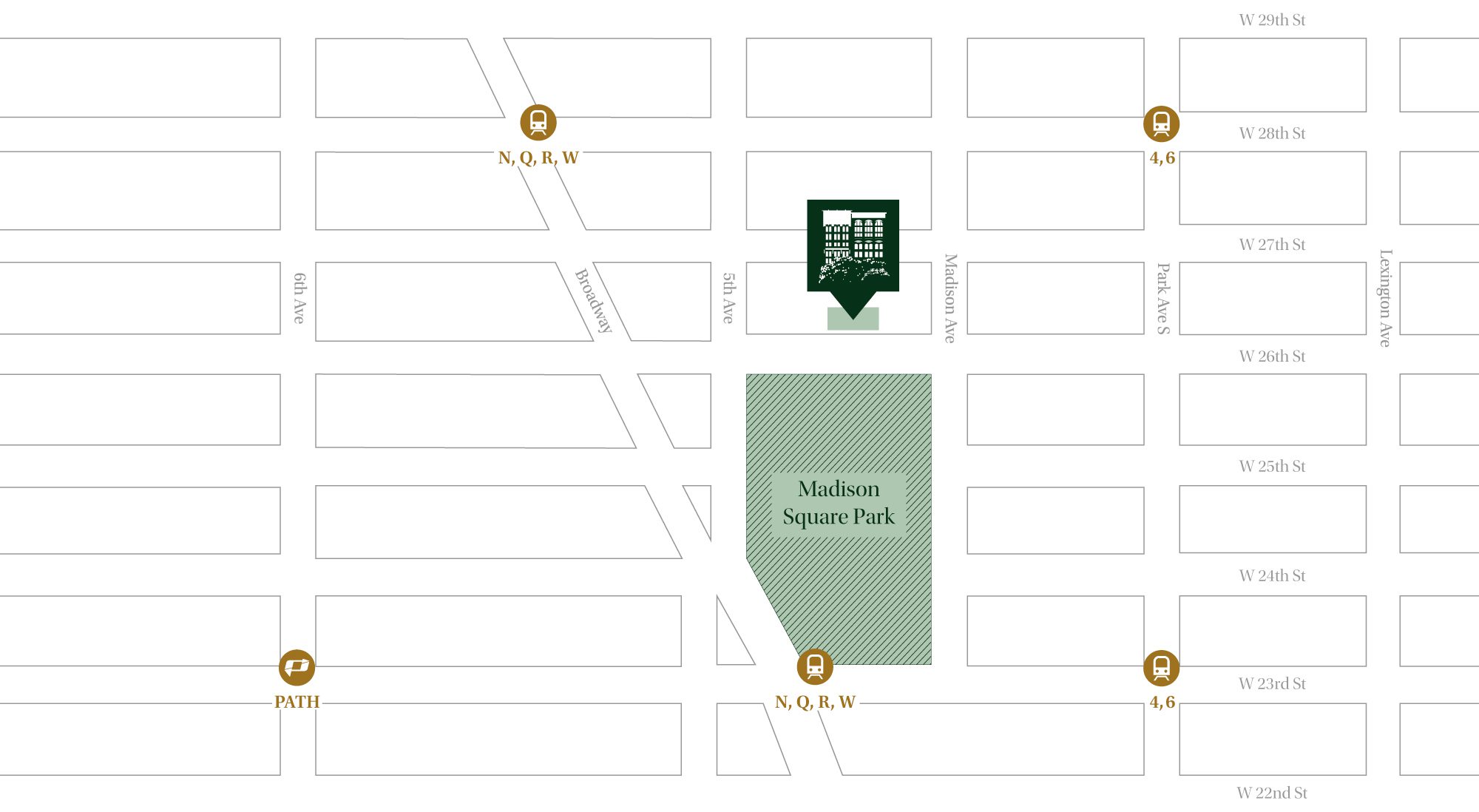 A map of 11 East 26th Street's close proximity to subway stations