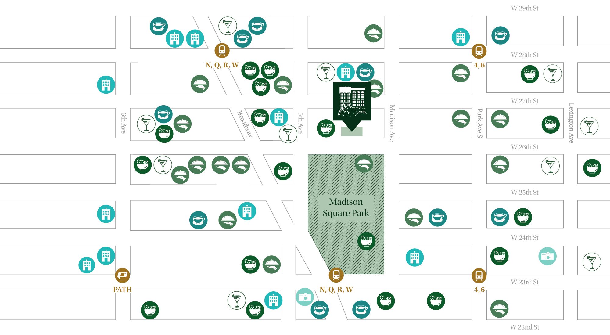A green and white map of 11 East 26th Street and its surroundings