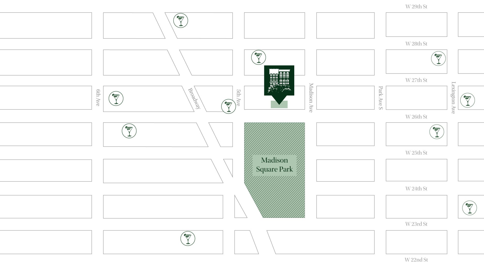 A green map of 11 East 26th Street's close proximity to bars