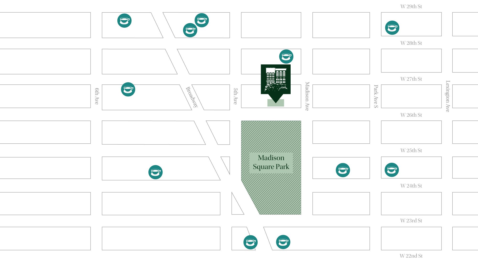 A green map of 11 East 26th Street's close proximity to cafes