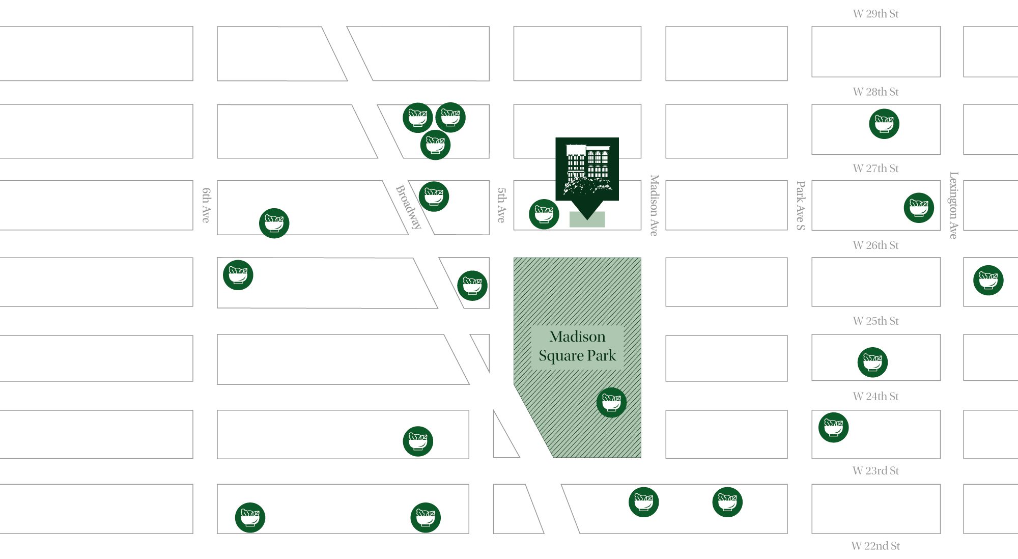 A map of 11 East 26th Street's close proximity to casual dinning