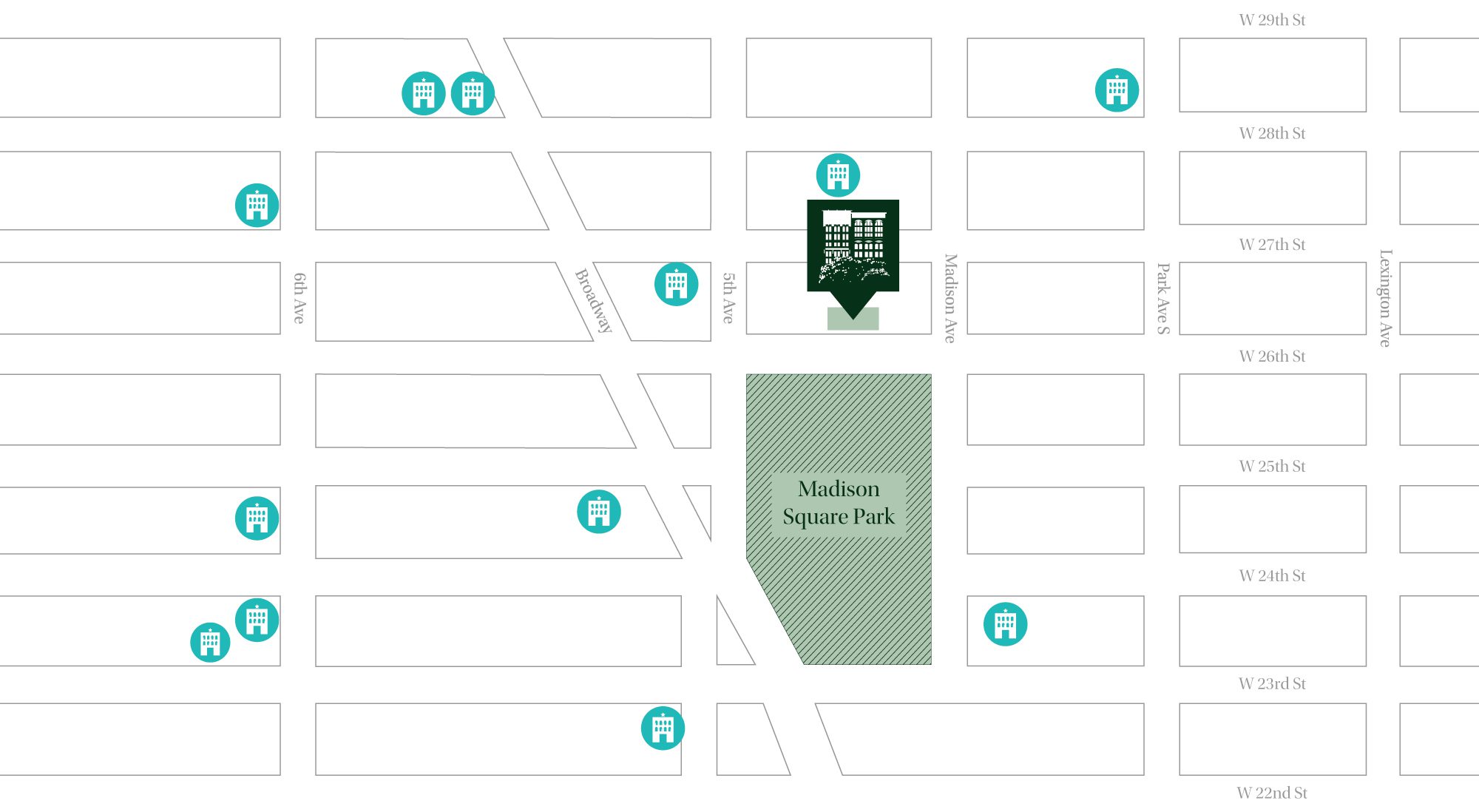 A white map of 11 East 26th Street's close proximity to hotels