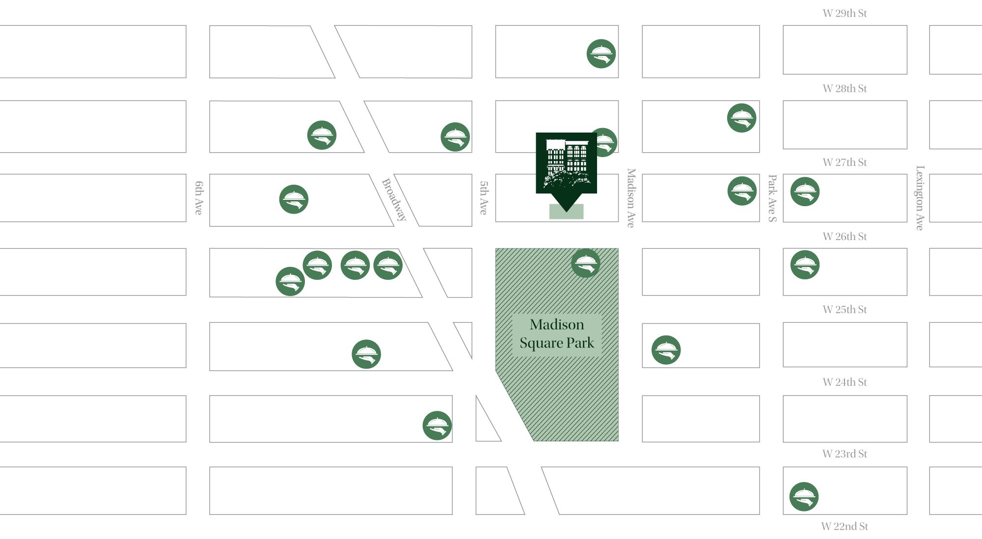 A map of 11 East 26th Street's proximity to upscale restaurants